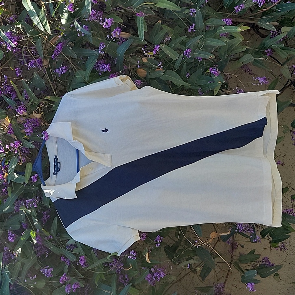 Vintage Cream Ralph Lauren Button Collar Polo Shirt with Diagonal Navy Stripe
